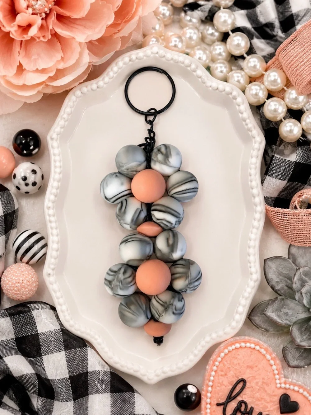 Hand Crafted Peach & Marble Bead Flower Keychain